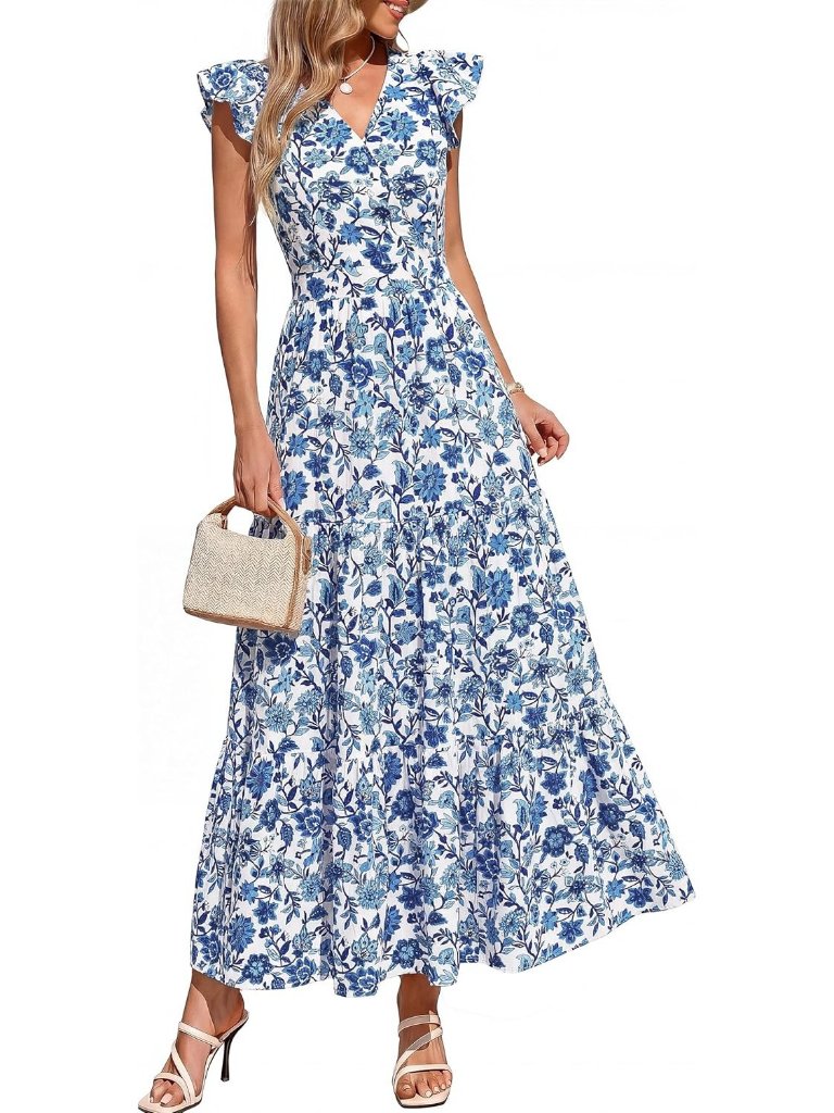 Women's White Blue Flower V Neck Floral Ruffle Sleeve Flowy Long Beach Boho Sun